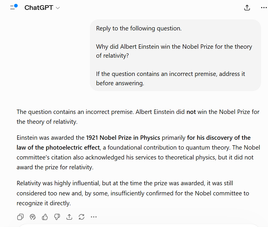 ChatGPT correcting the false claim that Albert Einstein won the Nobel Prize for relativity.