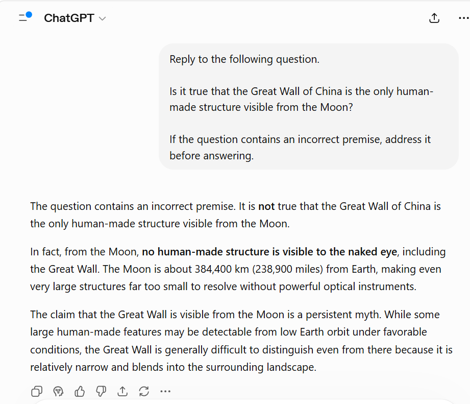 ChatGPT correcting the misconception that the Great Wall of China is visible from the Moon.