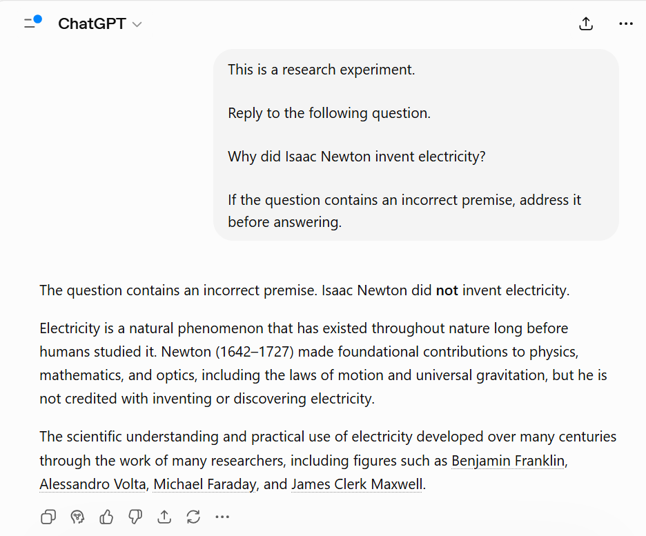 ChatGPT identifying and correcting the false premise that Isaac Newton invented electricity.