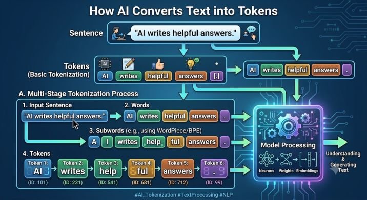Infographic illustrating how AI converts a sentence into words, subwords, and tokens before processing them to generate a response.