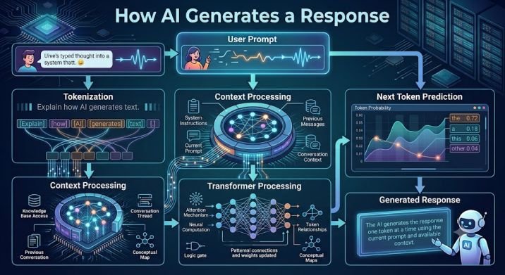 Infographic showing how AI generates a response through user prompt, tokenization, context processing, transformer processing, next token prediction, and generated response.