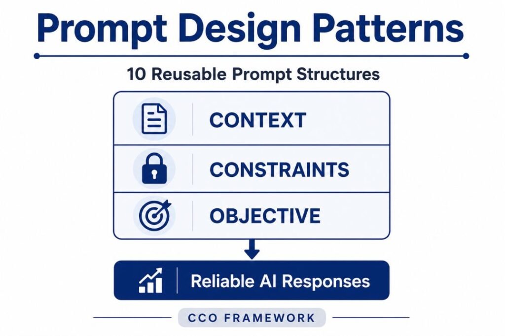 Diagram showing prompt design patterns using the Context, Constraints, and Objective framework to improve AI reliability.