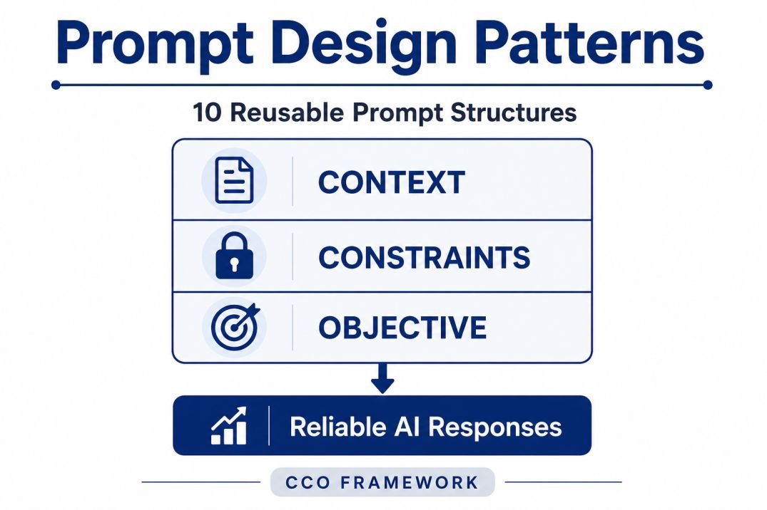 Diagram showing prompt design patterns using the Context, Constraints, and Objective framework to improve AI reliability.