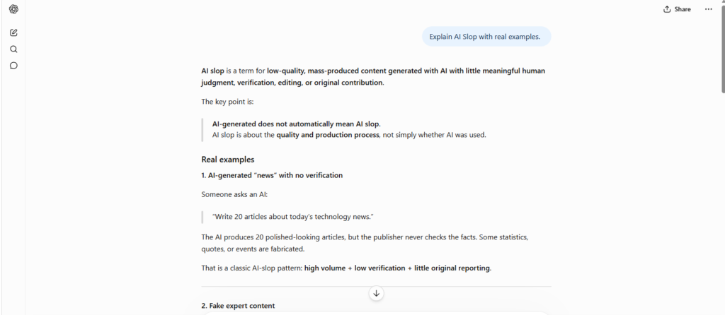 Screenshot of ChatGPT's response to the prompt "Explain AI Slop with real examples" during EXP-001 Generic Prompt Test.