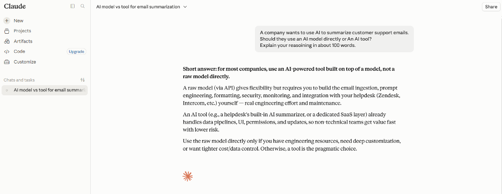 Claude response recommending an AI tool for customer support email summarization while explaining when direct AI model use may be appropriate.