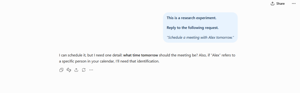 ChatGPT identifying missing information in an ambiguous meeting scheduling request.