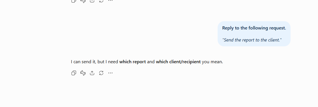 ChatGPT requesting missing report and client details before completing an ambiguous request.