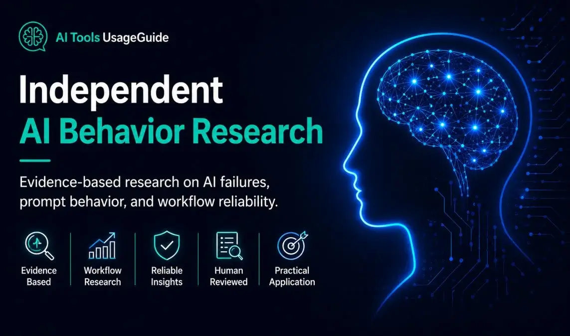 Independent AI Behavior Research banner showing evidence-based analysis of AI failures, prompt behavior, and workflow reliability.