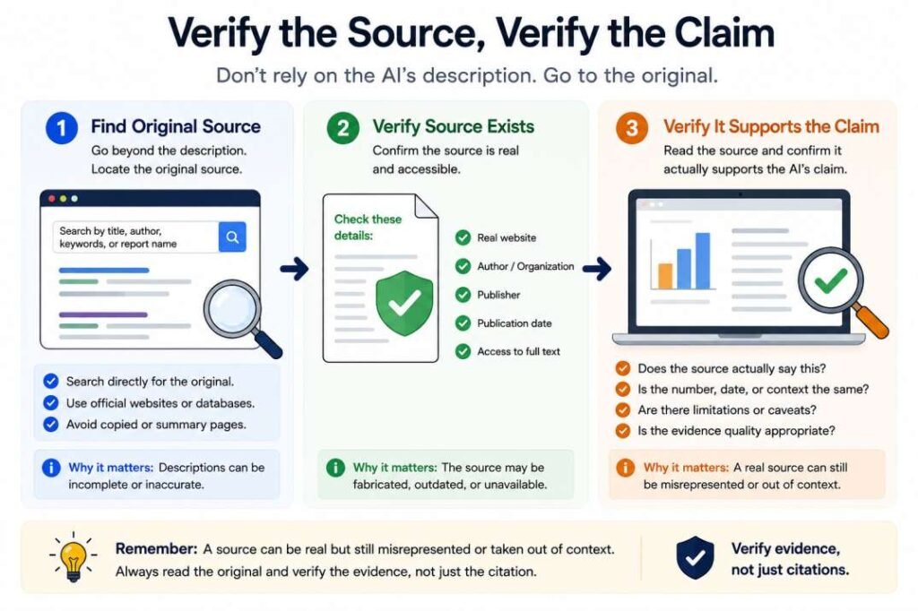 Three-step process to find an original source, verify it exists, and check whether it supports an AI claim